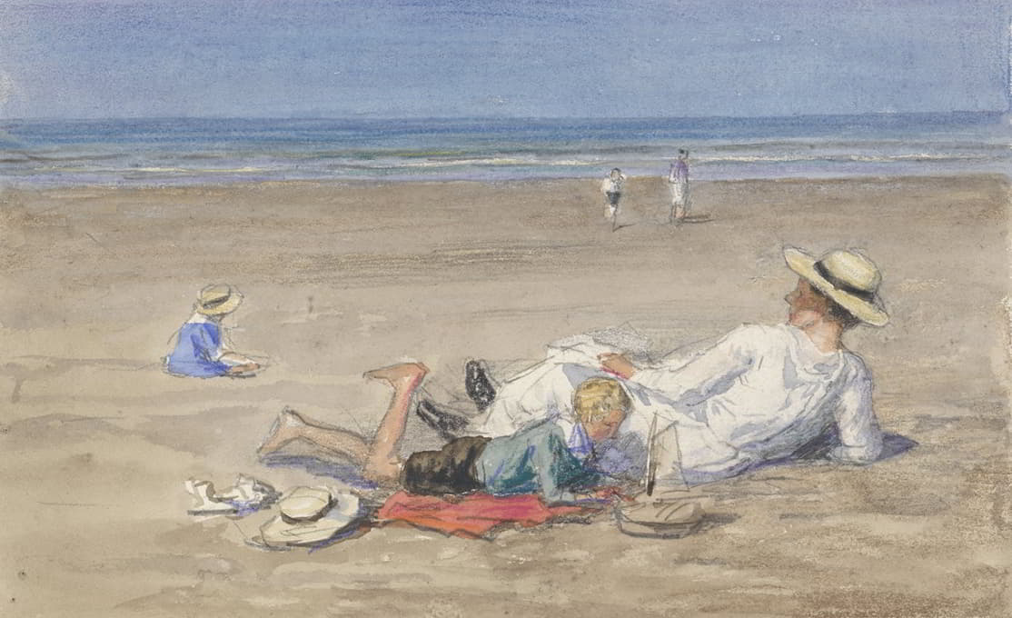 Johan Antonie de Jonge - Rustend kindermeisje met twee kinderen op het strand