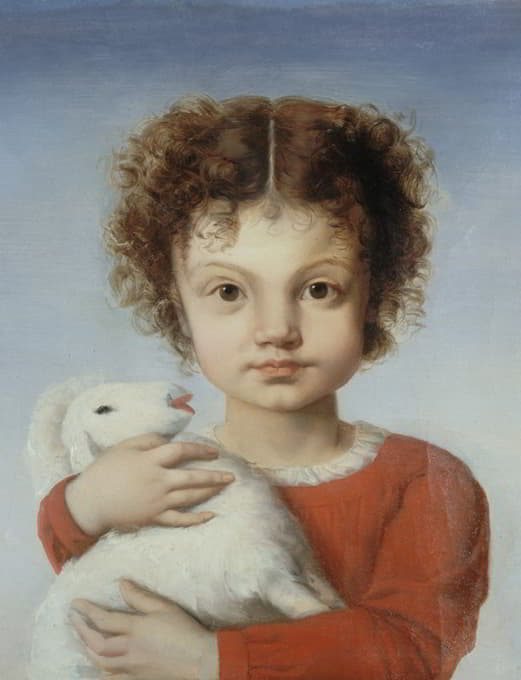莉娜·卡拉马塔小时候抱着一只羔羊的肖像