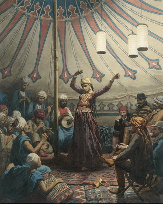 帐篷里的埃及舞者，有音乐家和观众