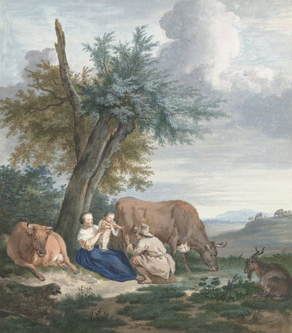 农民和带着孩子的农民在一片有牛的土地上
