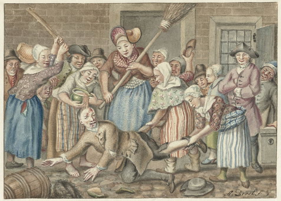 1768年，一名殴打妻子的男子在阿姆斯特丹的温克斯特拉特受到一群妇女的惩罚