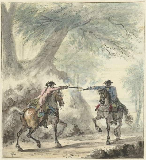 Cornelis Troost - Twee ruiters, elkaar op een bosweg ontmoetend en op elkaar vurend