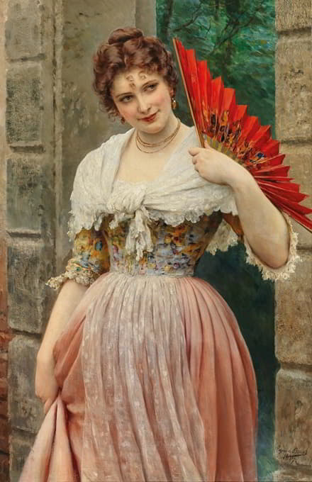 Eugen von Blaas - A Young Lady with a Red Fan