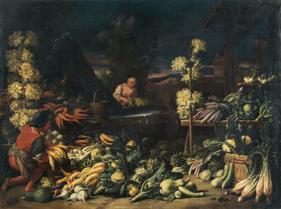 蔬菜和鲜花喷泉旁的水果销售商
