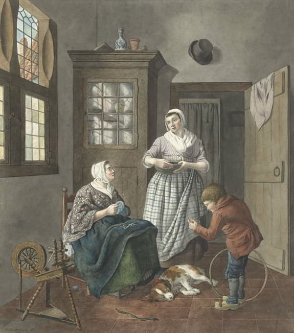 Hendrik Jan van Amerom - Interieur met naaiende vrouw, dienstmeid en spelende jongen