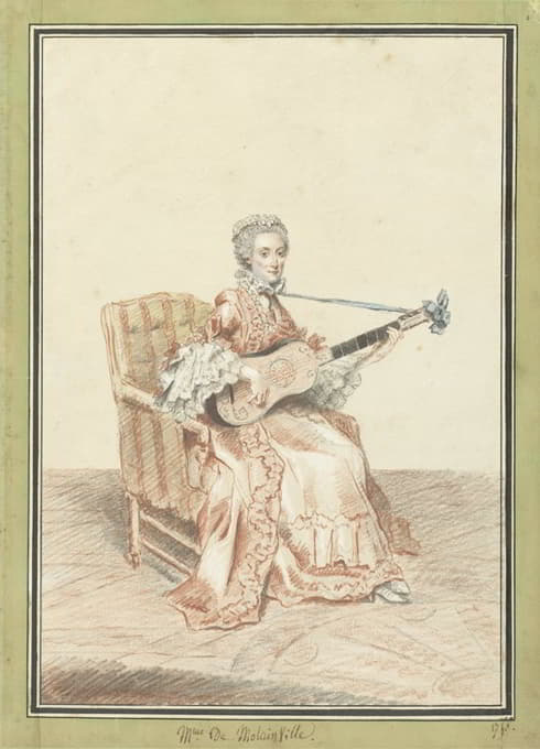 Louis Carrogis Carmontelle - Portret van Madame de Montainville, gitaar spelend