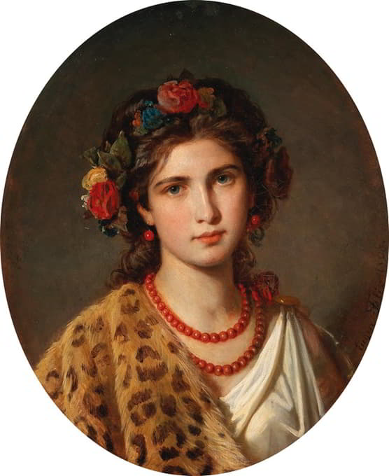 一个头发上戴着玫瑰花环、皮肤像豹子的女孩的肖像