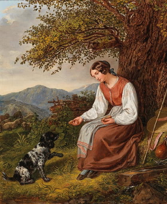Joseph Lavos - Hirtin bei der Rast mit Hund