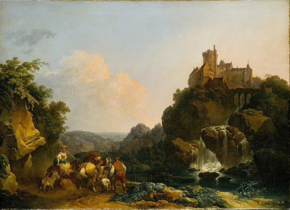Philippe-Jacques de Loutherbourg - Landscape with Waterfall, Castle and Peasants