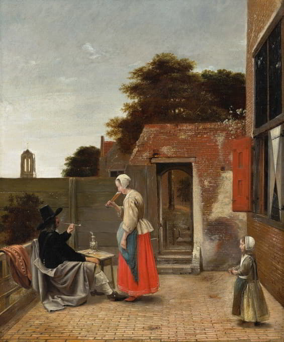 Pieter De Hooch - A Man Smoking and a Woman Drinking in a Courtyard