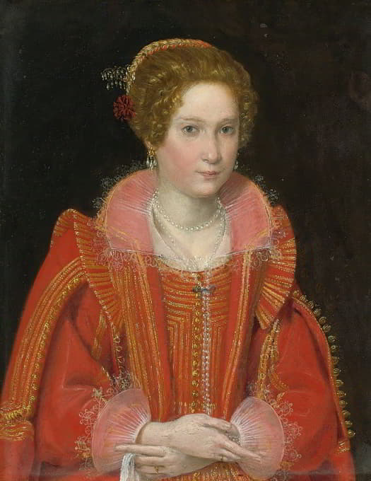 一位女士的肖像，半身，穿着粉红色