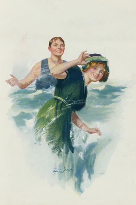 年轻人在海滩上向年轻女子泼水