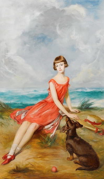一个年轻女孩和她的狗在海边的肖像