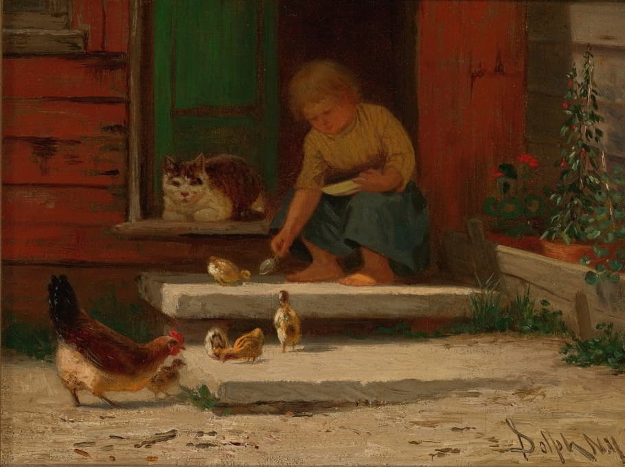 John Henry Dolph - Feeding The Chickens