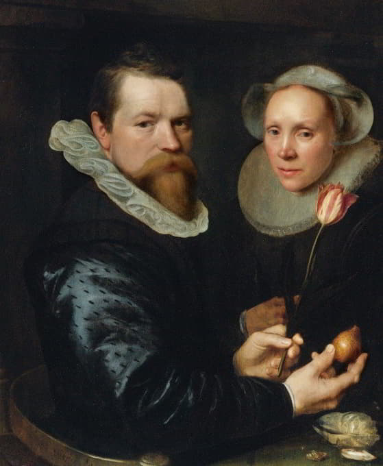 一对夫妻的肖像，他手里拿着一朵郁金香和一根球茎，下面的架子上放着精选的贝壳