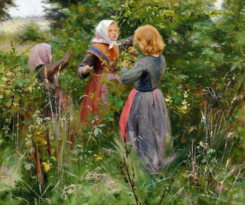 Hans Andersen Brendekilde - Tre småpiger plukker brombær (ca1885)