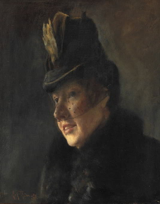 一位年轻女子的肖像，她穿着毛皮领子的外套，戴着面纱的帽子