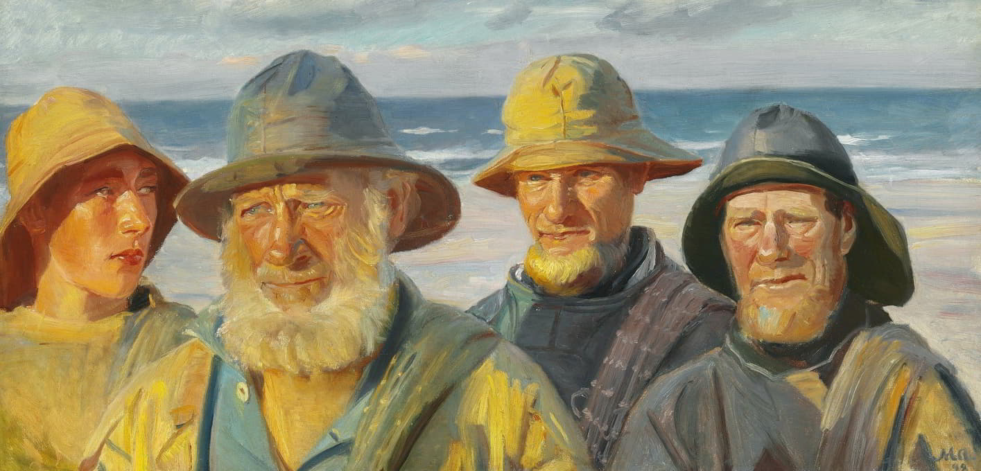 Michael Ancher - Fire fiskere i solskin på Skagen Strand