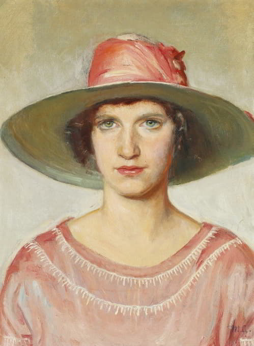 Michael Ancher - Portræt af en pige i lyserød kjole og stråhat med lyserødt bånd