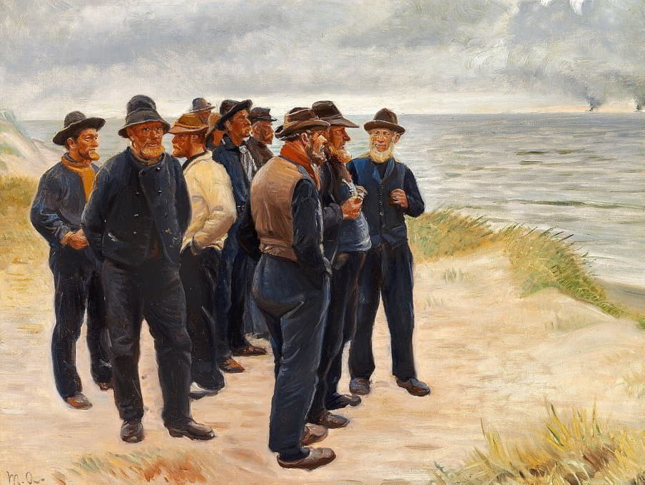 Michael Ancher - Skagensfiskere på stranden skuer ud over havet
