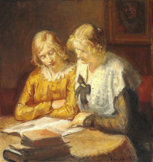 Michael Ancher - To unge piger sidder ved bordet og læser i en bog