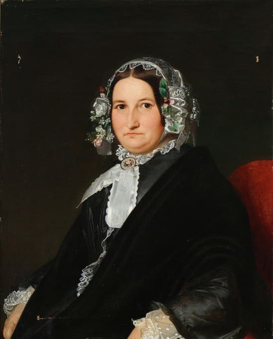 N.P. Holbech - Portræt af en dame i sort silkekjole og kyse