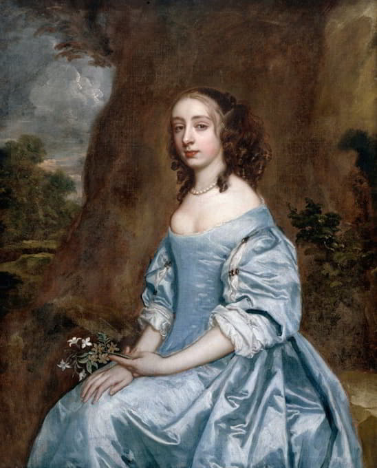 一位穿着蓝色衣服拿着一朵花的女士的肖像