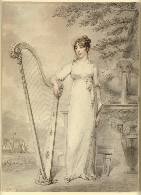 “V.Dupuis小姐”的全长肖像，手臂放在竖琴上。背景是一座喷泉和一幅鹿的风景画