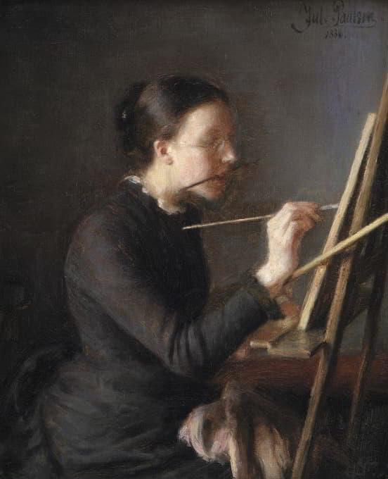 画家阿格尼斯·保尔森（Agnes Paulsen），这位画家的妹妹，在画架前