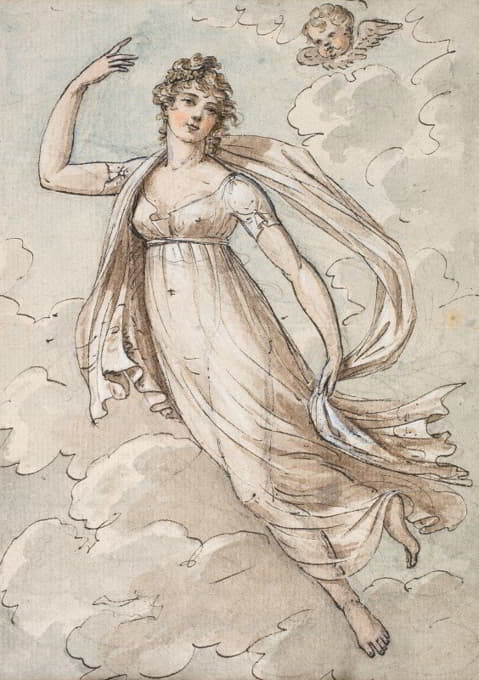 一个女人漂浮在天空中，由一个小天使观察