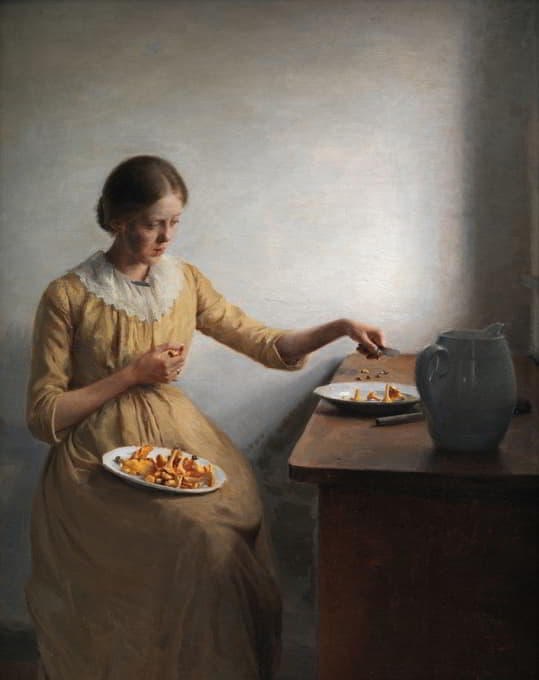 Peter Ilsted - A Young Girl Preparing Chantarelles