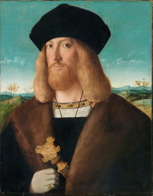 一个留着胡子的男人的肖像，半身，穿着毛皮衬里外套，手持匕首，远处的风景