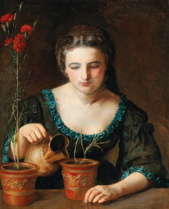 Johann Baptist Reiter - A Girl With Carnation