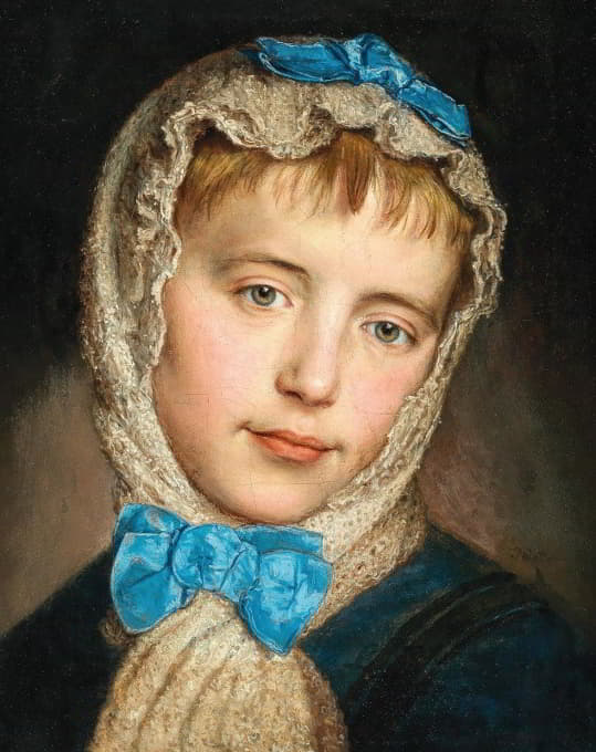 Johann Baptist Reiter - A Girl With Lace Headscarf And Blue Bows