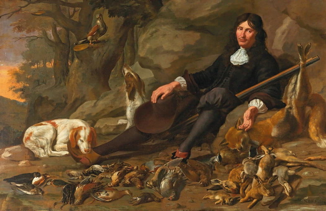 一位优雅的猎人带着他的狗和猎物在岩石上休息，帆布上有油画