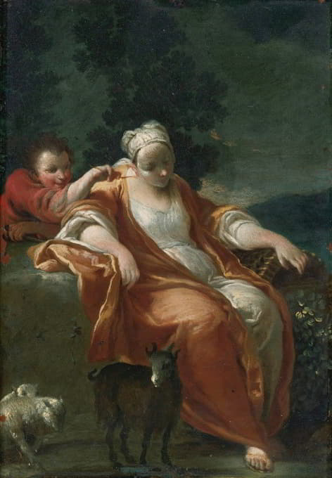 Studio of Giuseppe Maria Crespi - A Shepherdess Resting, With A Young Boy Tickling Her Ear