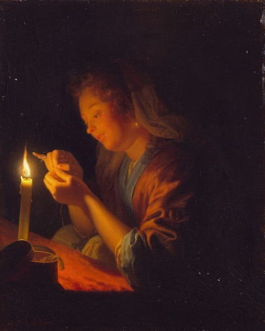 Godfried Schalcken - Girl threading a Needle by Candlelight