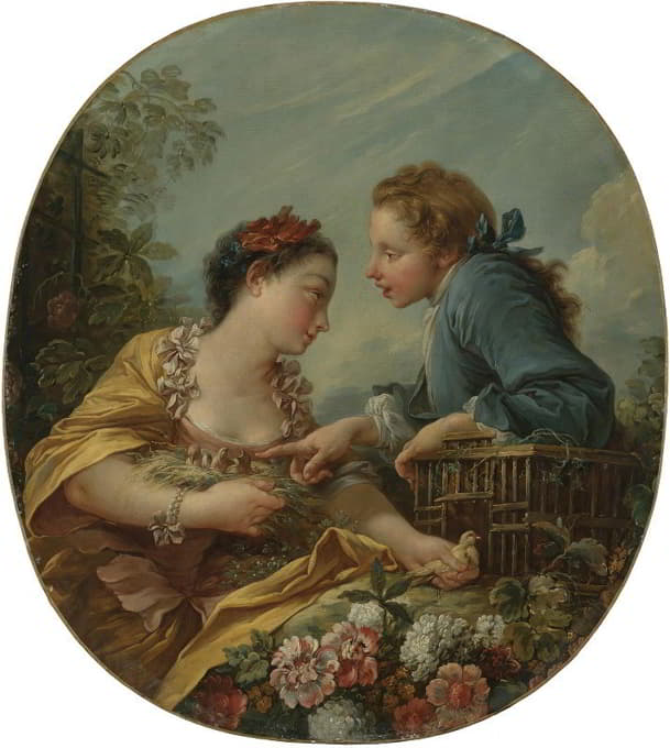 一个年轻的女人和年轻人把小鸟放在笼子里；《鸟巢人》