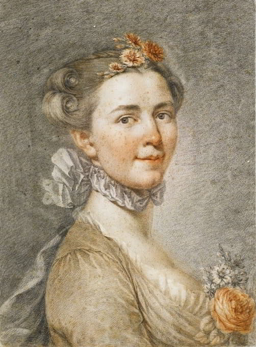一位头发和紧身胸衣上插有鲜花的女士的肖像