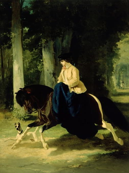德莫塞尔曼小姐在巴黎布洛涅大道上骑马