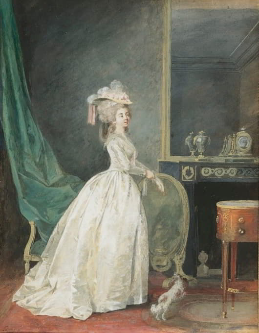 Nicolas Lavreince - A Lady Standing In An Interior, Preparing To Go Out With Her Dog