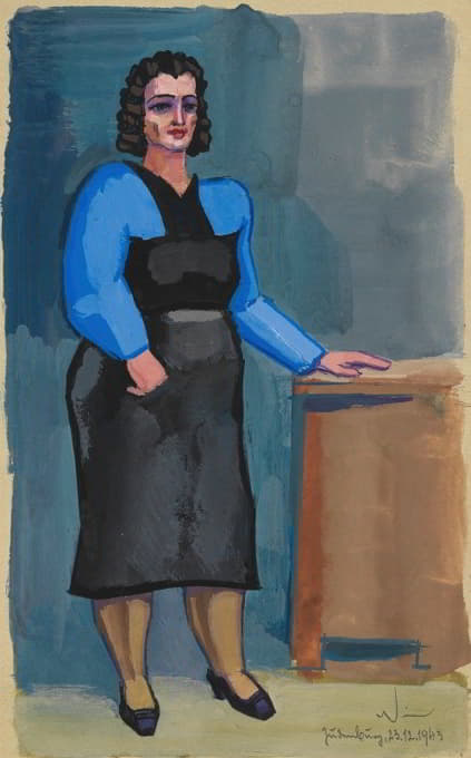 Karl Wiener - Ohne Titel (Frau in blauer Bluse und schwarzem Kleid)