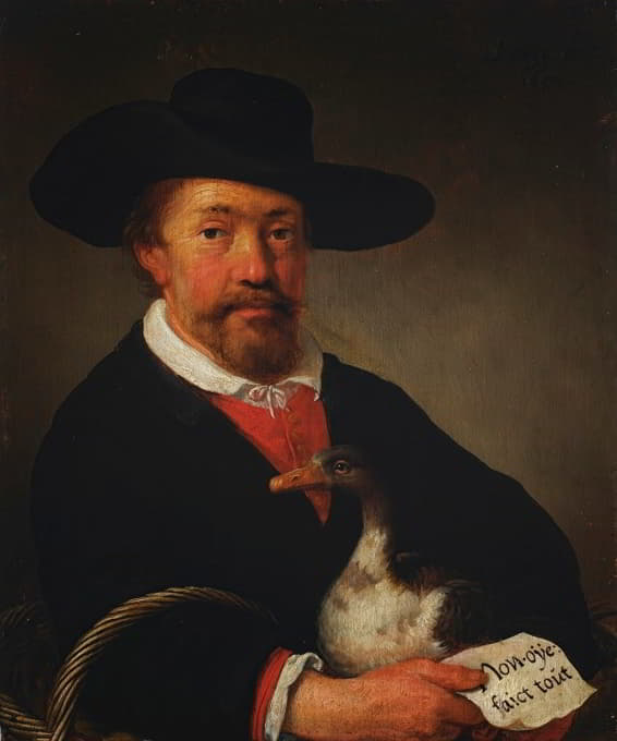一个男人戴着帽子，手里拿着一只鹅和一封信
