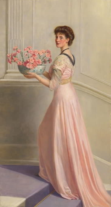 一位穿着粉红色衣服的女士手持一碗粉红色康乃馨的肖像