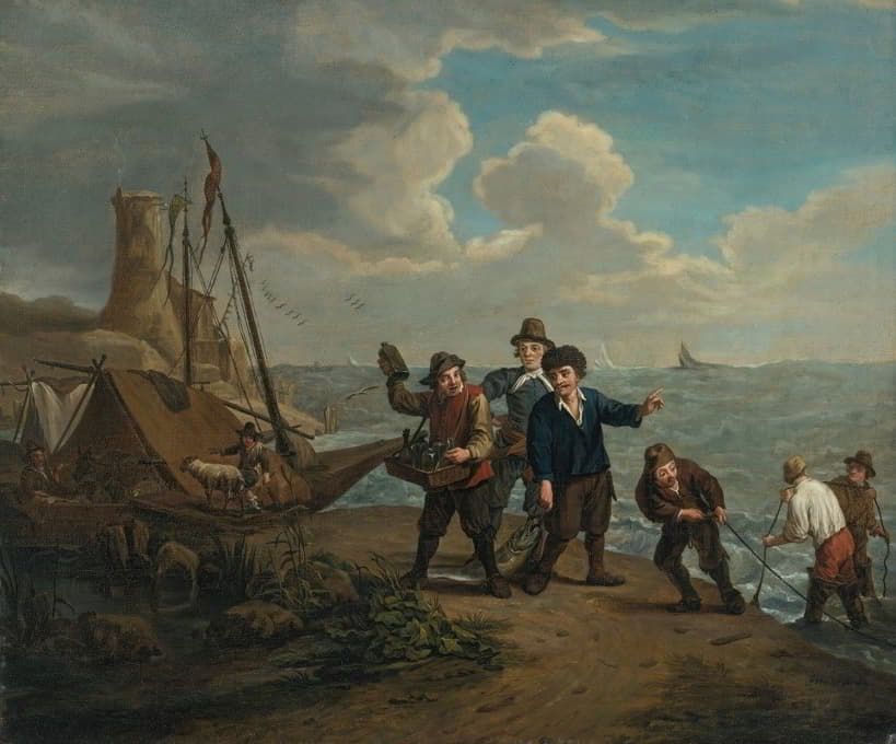 Jan Josef Horemans the Younger - A peddler hawking spirits to fishermen along a windy shoreline