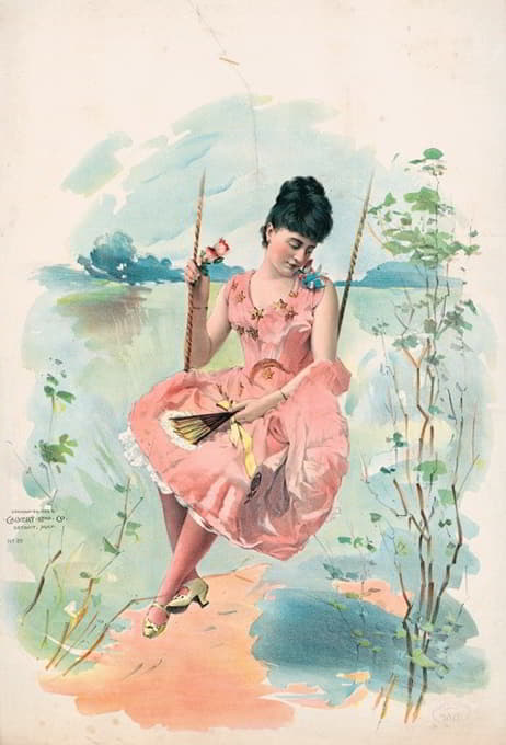 Calvert Litho. Co - Woman wearing a pink dress with gold stars sitting on a swing