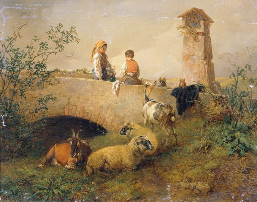 Leopold Brunner the younger - Knabe und Mädchen mit Schafen und Ziegen