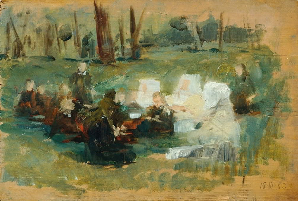 Otto Friedrich - Kindergruppe mit drei weißgekleideten Nonnen und einem Geistlichen auf einer Waldwiese in der Sonne