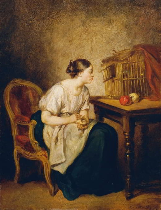 Octave Tassaert - Junge Frau mit Vogelkäfig
