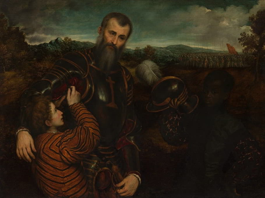 Paris Bordone - Portrait of a Man in Armor with Two Pages